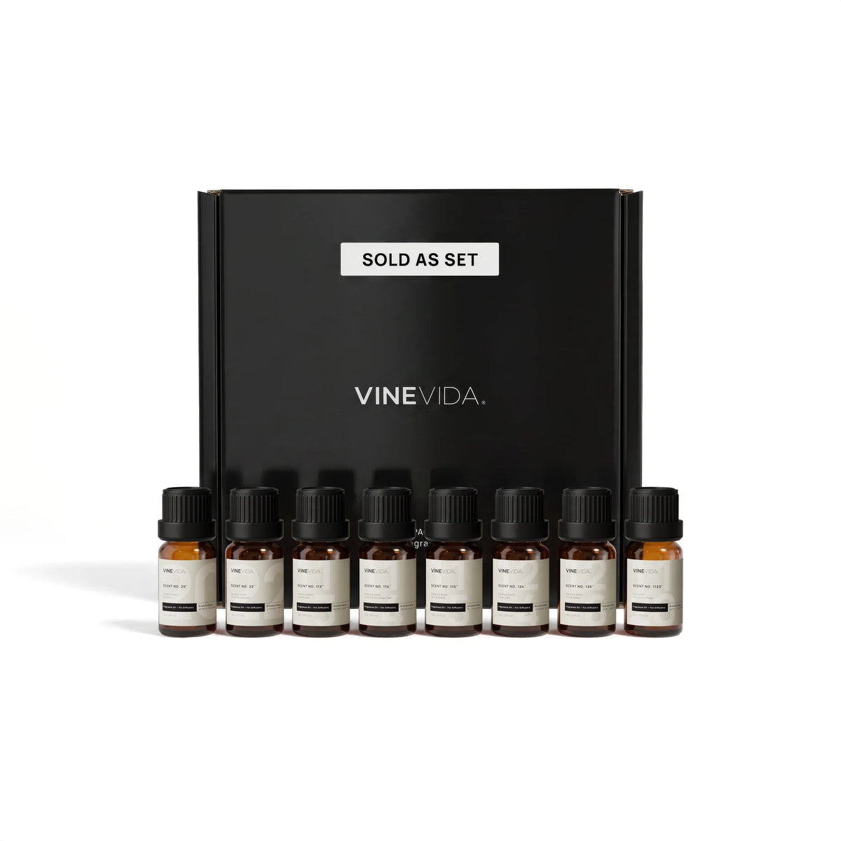 Christmas Diffuser Fragrance Oil Set - 8 VINEVIDA 10mL amber glass oil bottles lined up in front of black "Sold as Set" gift box