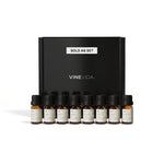 Fall Soap & Candle Fragrance Oil Set - 8 VINEVIDA 10mL amber glass oil bottles lined up in front of black "Sold as Set" gift box