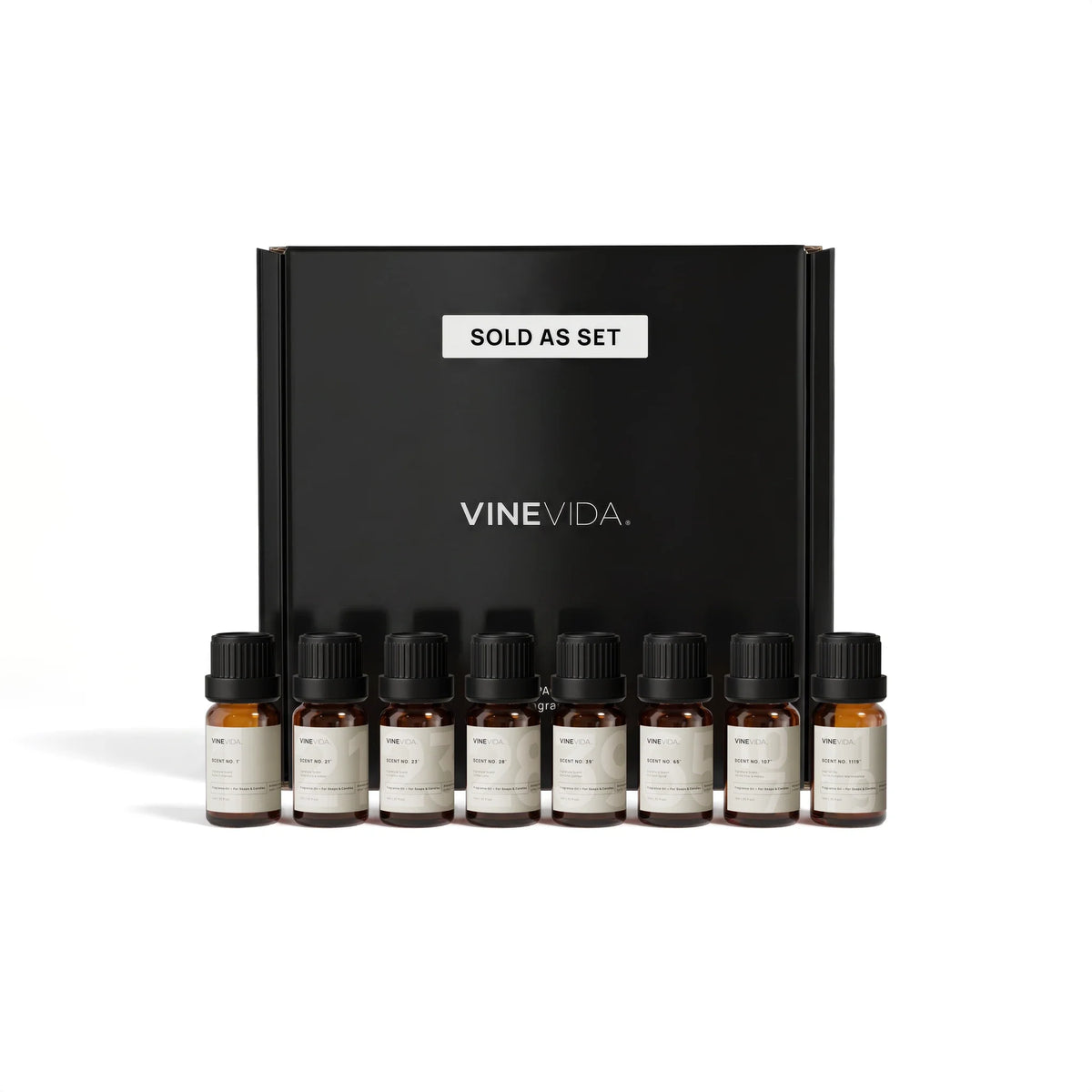 Fall Soap & Candle Fragrance Oil Set - 8 VINEVIDA 10mL amber glass oil bottles lined up in front of black "Sold as Set" gift box