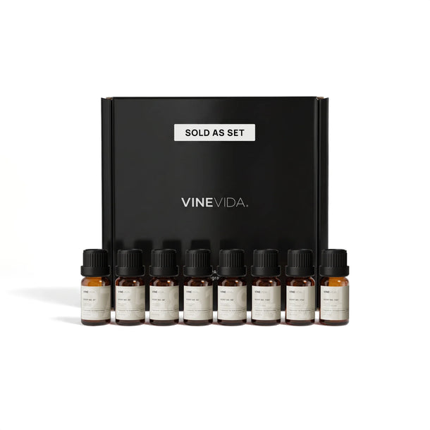 Fruit Soap & Candle Fragrance Oil Set - 8 VINEVIDA 10mL amber glass oil bottles lined up in front of black "Sold as Set" gift box