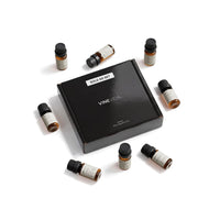 Summer Soap & Candle Fragrance Oil Set - 8 VINEVIDA 10mL amber glass oil bottles arranged around closed black "Sold as Set" gift box, flat lay overhead angle