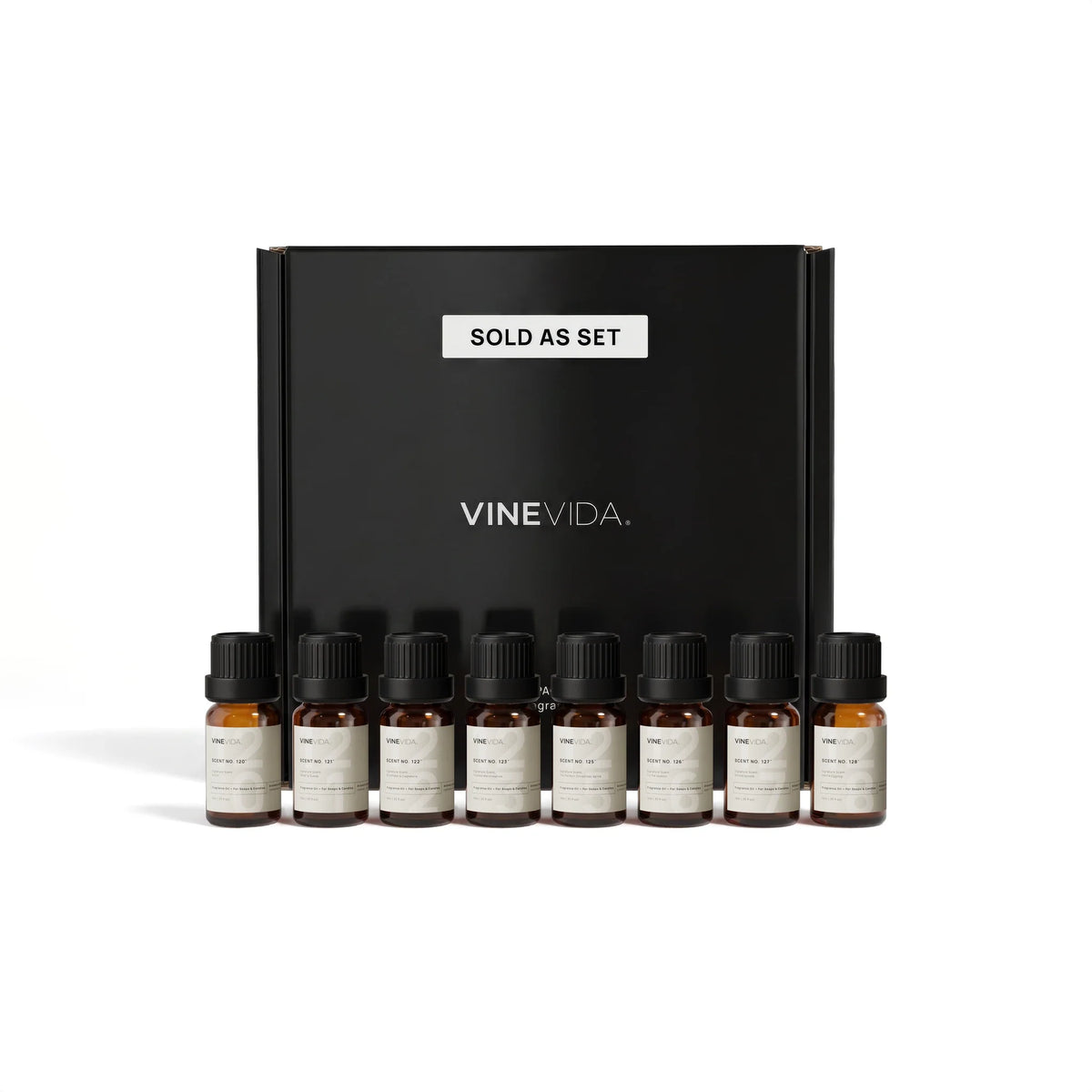 Winter Soap & Candle Fragrance Oil Set - 8 VINEVIDA 10mL amber glass oil bottles lined up in front of black "Sold as Set" gift box