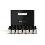 Clean Soap & Candle Fragrance Oil Set - 8 VINEVIDA 10mL amber glass oil bottles lined up in front of black "Sold as Set" gift box