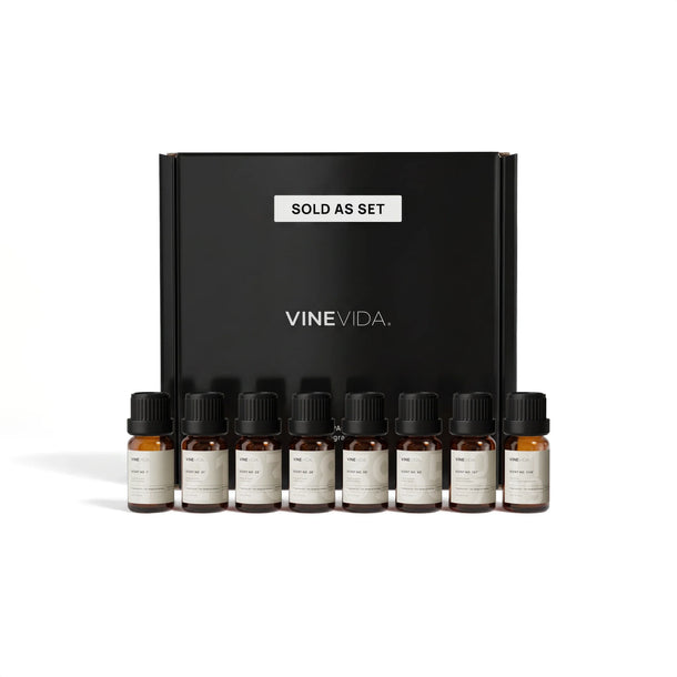 Fall Soap & Candle Fragrance Oil Set - 8 VINEVIDA 10mL amber glass oil bottles lined up in front of black "Sold as Set" gift box