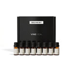 Summer Soap & Candle Fragrance Oil Set - 8 VINEVIDA 10mL amber glass oil bottles lined up in front of black "Sold as Set" gift box