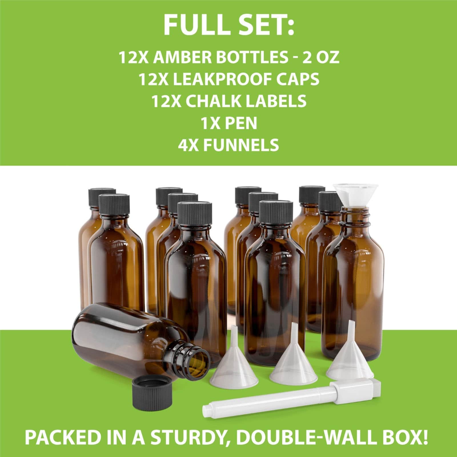2 Oz (60 mL) Amber Glass Bottles, Set With Accessories